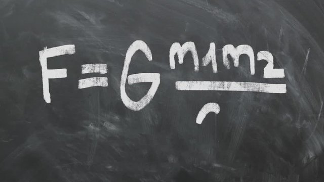 Isaac Newton's Gravitational Law Equation On Chalkboard. High Quality Animation. 1080p 60fps