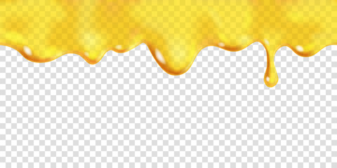 Seamless dripping oil. Yellow transparent drop of sweet honey. Vector design of syrup drips. Realistic background horizontal border
