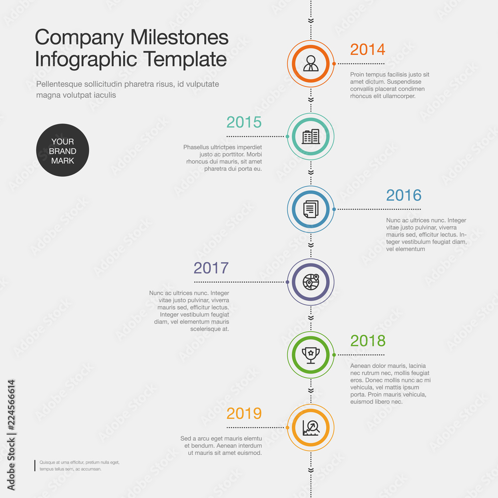 Leinwandbilder infographic for company milestones timeline template with colorful circles and icons, isolated on li