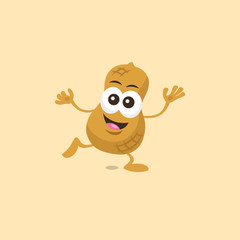 Illustration of cute happy peanut mascot standing on one foot with big smile isolated on light background. Flat design style for your mascot branding.
