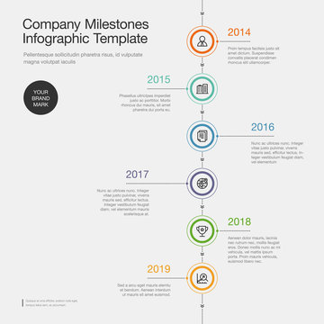 Infographic for company milestones timeline template with colorful circles and icons, isolated on light background. Easy to use for your website or presentation.
