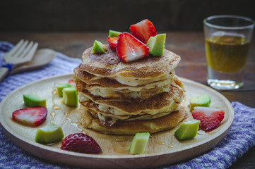 pancake strawberry avocado fruit and honey syrup sweet dessert on wood table pan cake dessert homemade