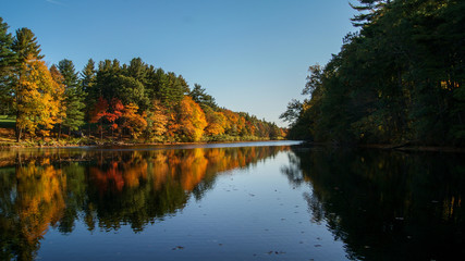 Beautiful scene of the autumn colorful trees reflected in the water of a river during fall season...