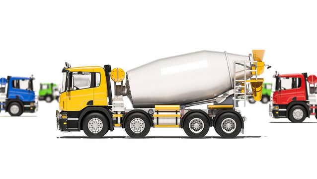 Concrete Mixers in Different Colors and Directions 3d rendering