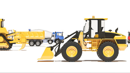 Loader Tractor with Other Construction Trucks in the Background 3d rendering