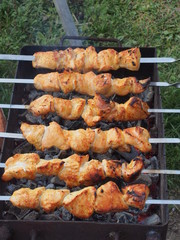 Cooking the Turkey meat on the coals. Chargrill. Shish kebab on skewers.