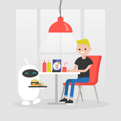 Futuristic service: robot carries a tray with burger and french fries. Modern restaurant. Fast food. Machine learning. Flat editable vector illustration, clip art