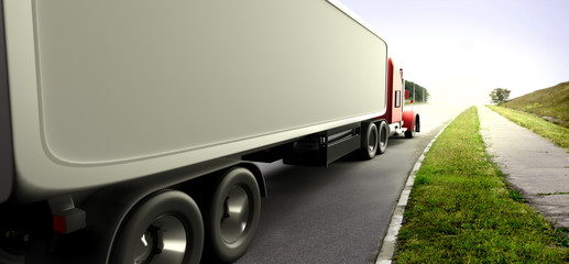 American style red truck. Semi Truck with Cargo Trailer. 3D rendering