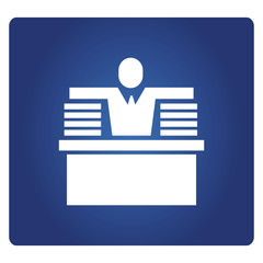 office worker sitting on desk with paper work icon in blue background