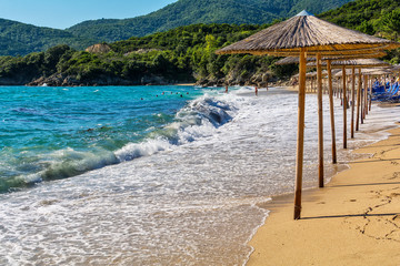 Olympiada, Greece - August 11, 2018: Proti Ammoudia beach, one of the most beautiful beaches in the Aegean Sea.