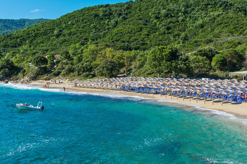 Olympiada, Greece - August 11, 2018: Proti Ammoudia beach, one of the most beautiful beaches in the Aegean Sea.