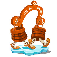 Fabulous wooden yoke with buckets isolated on white background. The characters of Russian folk tales. Vector cartoon close-up illustration.