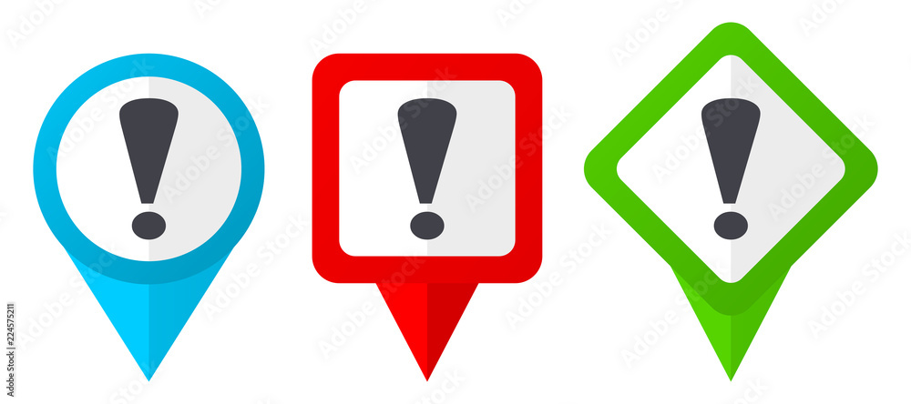 Poster exclamation sign red, blue and green vector pointers icons. set of colorful location markers isolate