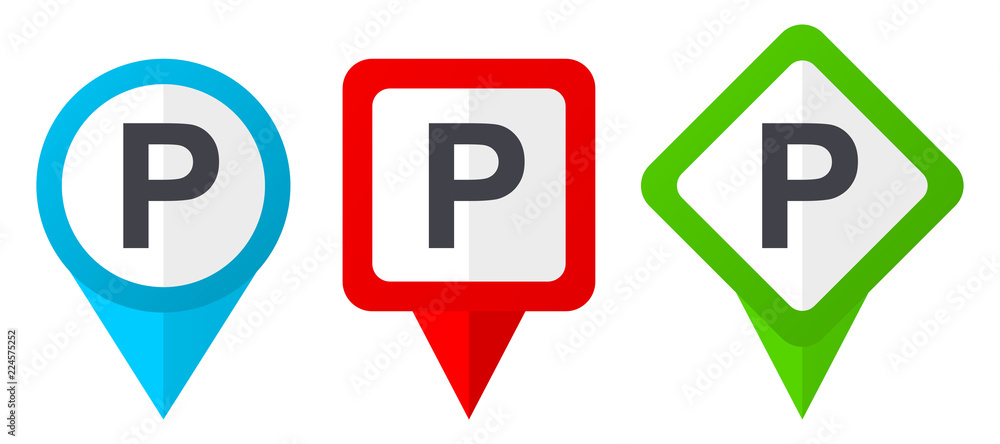 Leinwandbilder parking red, blue and green vector pointers icons. set of colorful location markers isolated on whit