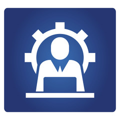 business people working with laptop and gear icon in blue background