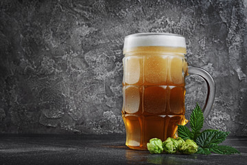 Glass mug of cold beer with foam and hops