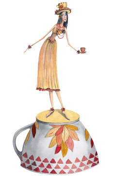 Fairy of Fragrant Tea. Hand drawn watercolor illustration.