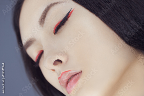 Asian Beauty Woman Skin Care Close Up Beautiful Young With Asian Beauty Woman Skin Care Close Up Beautiful Young With Perfect Face Looking Closed Eyes Isolated On Gray Background