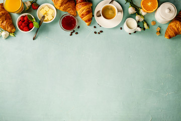 Continental breakfast captured from above - obrazy, fototapety, plakaty