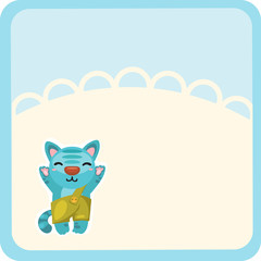 Cute kitty welcomes waving isolated on white background. Vector cartoon close-up illustration.