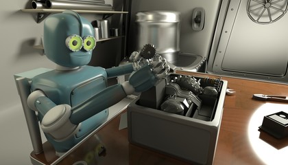 Retro Robot Repairs a broken mechanism, Android restores the detail. 3d Render