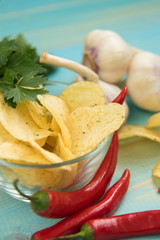 Potato chips with spicy in a glass bowl