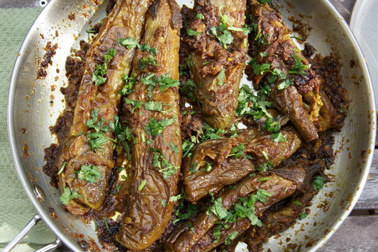 Stuffed Eggplant or Bharwa Baigon, an Indian vegetarian Entree.