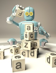 Retro Robot plays with wooden ABC cubes on floore. 3D rendering. Education scientist robot student