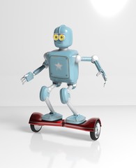 Naklejka premium retro robot rides on a gyroscope hoverboard isolate on white 3d render.