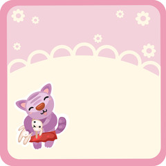 Openwork frame with space for your text with cute kitty holds the toy rabbit isolated on white background. Vector cartoon close-up illustration.