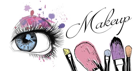 Vector hand drawn illustration of colorful women eye and makeup brushes. Concept for beauty salon, cosmetics label, cosmetology procedures, visage and makeup.