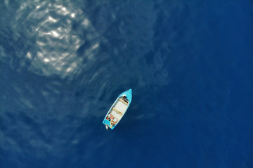 Aerial of boat in Seychelles