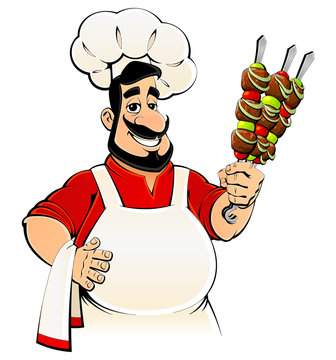 Arabiс chef with kebab in hands. Emblem, avatar, logo.