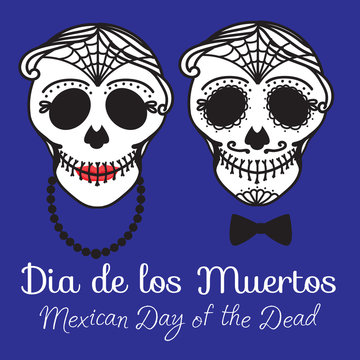 Old Catrina woman and man with make up of sugar skull. Dia de los muertos. Mexican Day of the dead. Vector illustration hand drawing