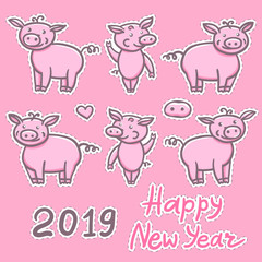 Set of Pigs cute doodle pencil hand drawing. Inscription sticker Happy New Year. Chinese year sign piglet 2019. Vector illustration isolated on pink background.