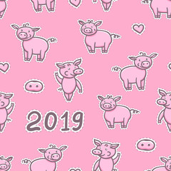 Pigs cute doodle pencil hand drawing. Seamless pattern Happy New Year. Chinese year sign 2019. Vector illustration isolated on pink background.