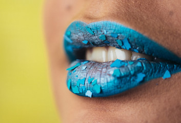 Fashion and beauty. Creative lip makeup. Artistic make-up. Beautiful macro shot of female plump...