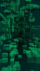 Green and dark abstract digital and technology background. The pattern with repeating rectangles. 3D illustration