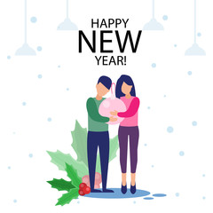 Happy new year, vector graphic design. Man and woman workers hold Christmas ball, mistletoe on the background.