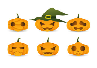 halloween pumpkin cute cartoon set, vector illustration