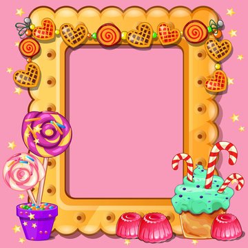 Beautiful cute greeting card with frame and space for your text, picture or photo in the style of a sweet tooth and pastry isolated on pink background. Vector cartoon close-up illustration.