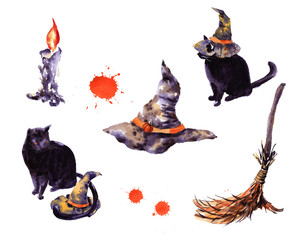 Set of Halloween holiday symbol illustration. Hand drawn watercolor for kids cat hat but broom candle pumpkin