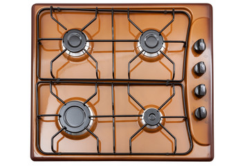 Brown kitchen surface with black metal grill. View from above.