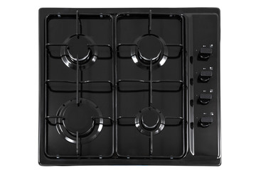Black kitchen surface with black metal grill. View from above.