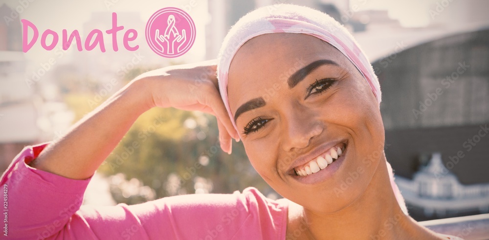 Poster composite image of graphic image of donate text with breast