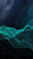 Fototapeta premium Abstract landscape on a dark background. Star horizon. Cyberspace grid. Hi-tech network. Outer space. Starry outer space texture. 3D illustration