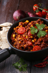 Hot chili con carne. mexican food tasty and spicy.