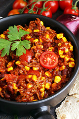 Hot chili con carne. mexican food tasty and spicy.