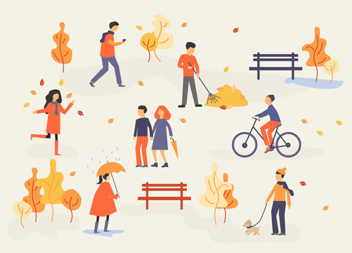 people in the autumn park, relaxing, walking the dog, riding bicycle, have fun, flat design style vector graphic