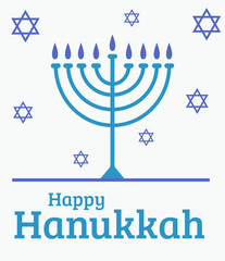 Fototapeta na wymiar Happy Hanukkah vector poster concept. Illustration in flat style of khanukiyah surrounded with Magen David. Jewish national holiday greeting.